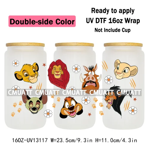 Double Side Color Cartoon Lion UV DTF Cup Wrap Transfer Stickers For 16oz Libbey Glass Beer Selfadhesive Waterproof Adhesive