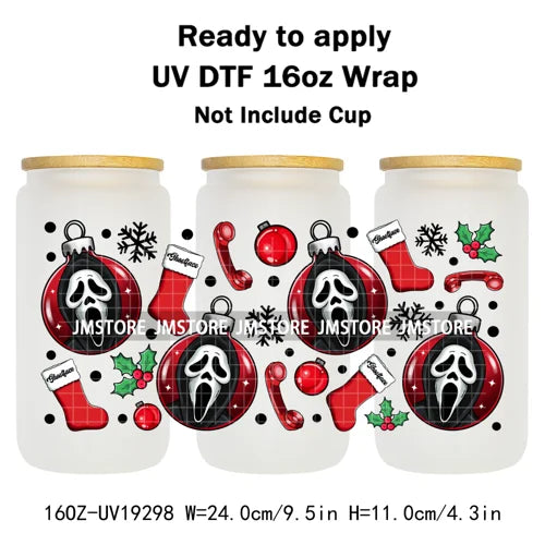 Horror Killers Christmas Ball Stocking Season UV DTF Wraps Transfer Stickers Ready To Apply Waterproof For 16OZ Libbey Glass Can