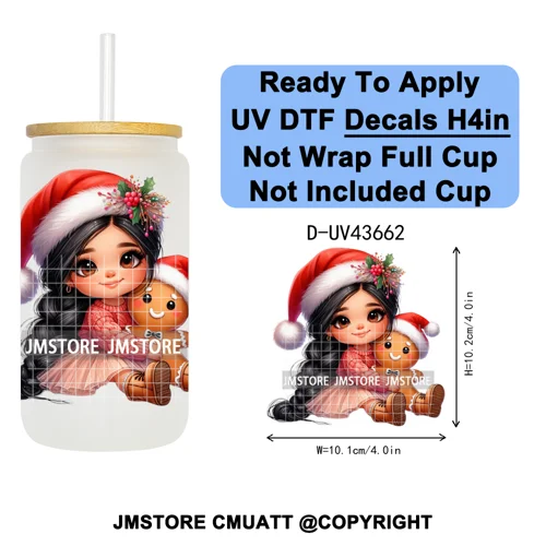 Floral Christmas Latina Chibi Girl UV DTF Transfer Stickers Decals Ready To Apply Good Quality Prints For Libbey Cold Cup Mugs