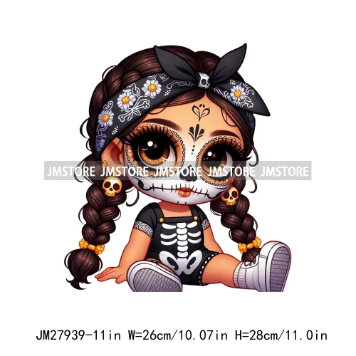 Halloween Skeleton Latina Baby Chibi Hispanic Girls Spooky Season DTF Iron On Transfers Stickers Ready To Press For Clothing