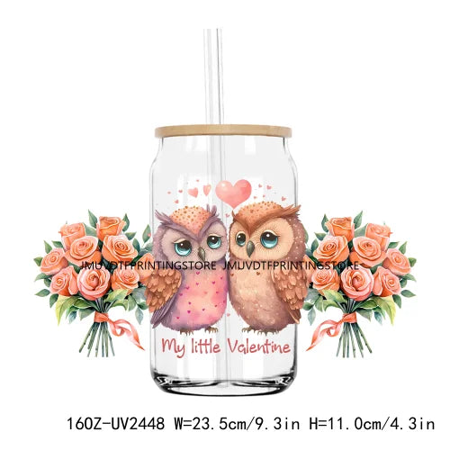 Valentine's Day Animals With Rose 16OZ UV DTF Cup Wrap Transfers Stickers Custom Labels DIY Waterproof Logo For Libbey Glass Can