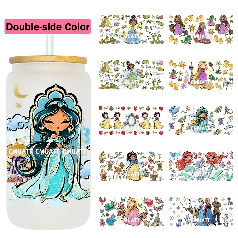 Double Sided Color UV DTF Cup Wraps 16OZ Bulk Waterproof Wholesale Custom Cartoon Cute Princess Mug Glass Water Bottles Sticker