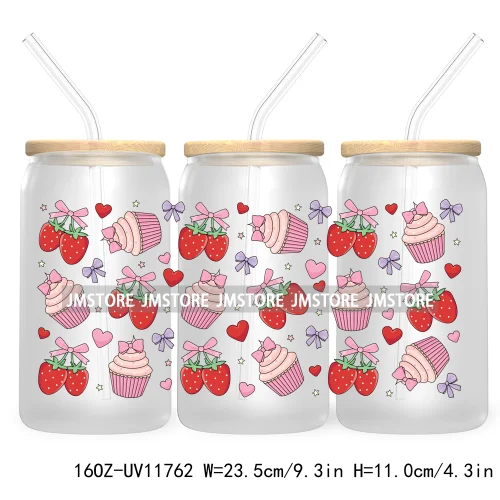 Trendy Girly Coquette Cherry Bow Valentines Gift Bears UV DTF Cup Wrap Transfer Stickers For 16OZ Libbey Glass Can Custom Logo