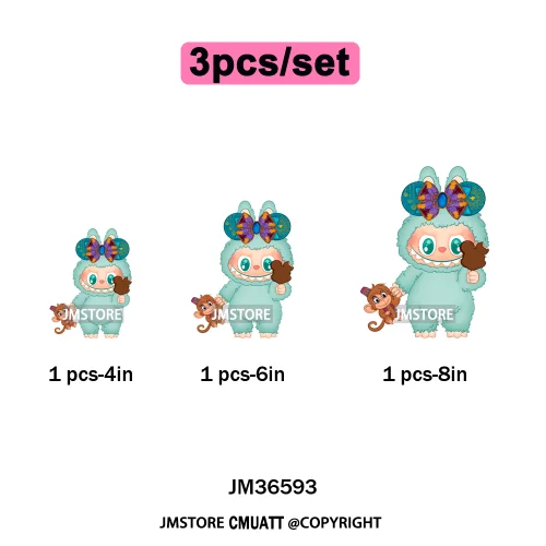 Cute Baby Cartoon Monster Doll Character Bow Girly Washable Decals Iron On DTF Heat Transfer Stickers Ready To Press for Clothes