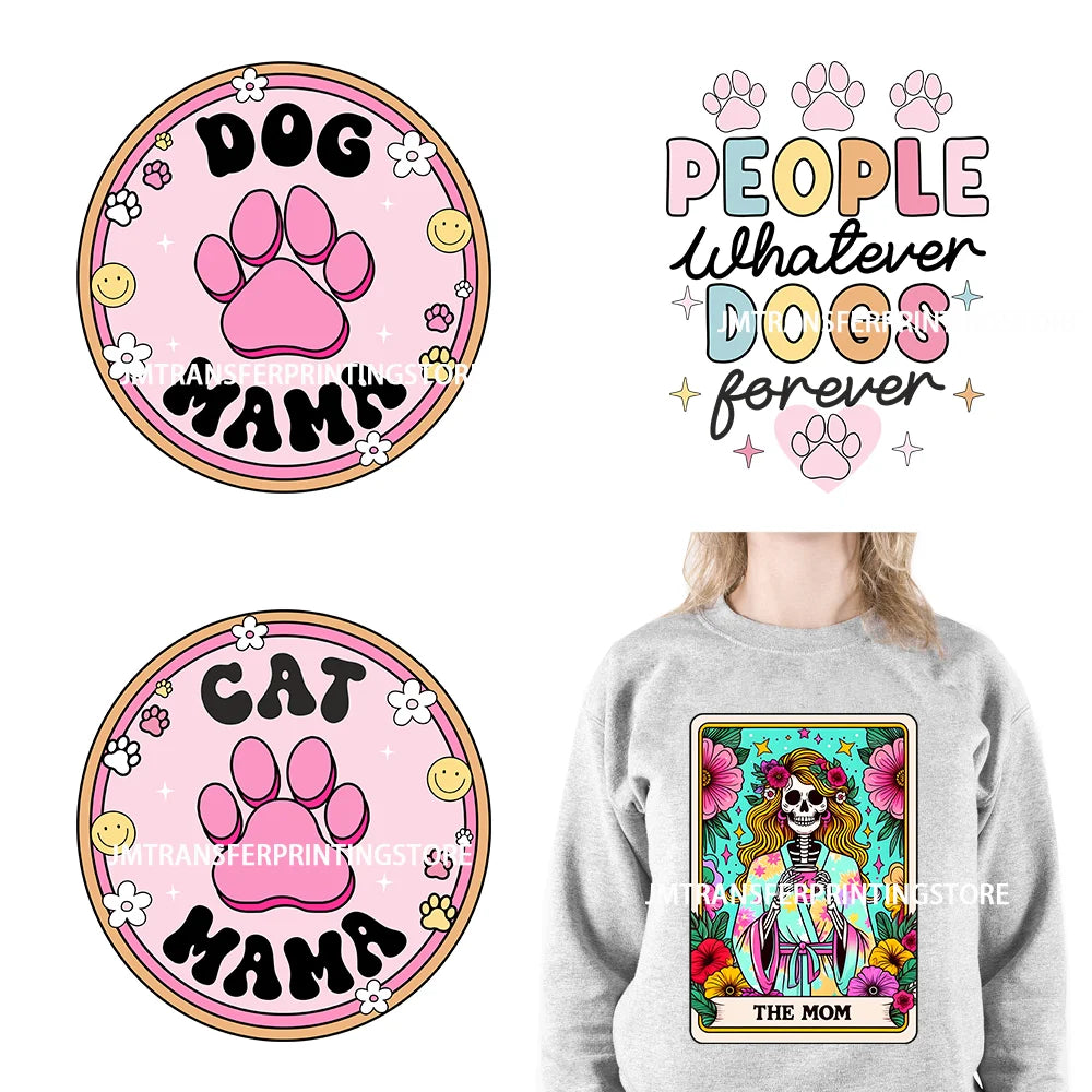 Colorful Iron On Dog Cat Mom The Mom Tarot Card Woman Skeleton Mother Decals DTF Transfer Stickers Ready To Press For Hoodies