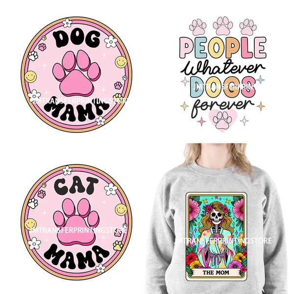 Colorful Iron On Dog Cat Mom The Mom Tarot Card Woman Skeleton Mother Decals DTF Transfer Stickers Ready To Press For Hoodies