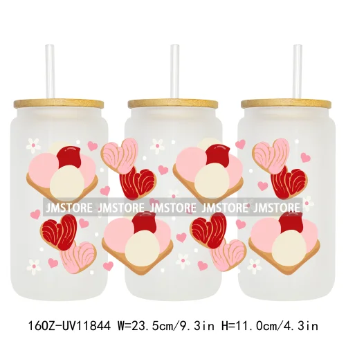 Mexican Candy Valentine Concha Pan Dulce Heart 16OZ UV DTF Cup Wrap Transfer Stickers Waterproof Label Logo For Libbey Glass Can