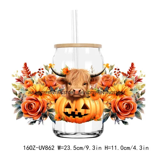 Cute Highland Cow With Pumpkins UV DTF Sticker For 16OZ Libbey Glass Cup Can Wrap Transfer Sticker Custom Labels DIY Logo