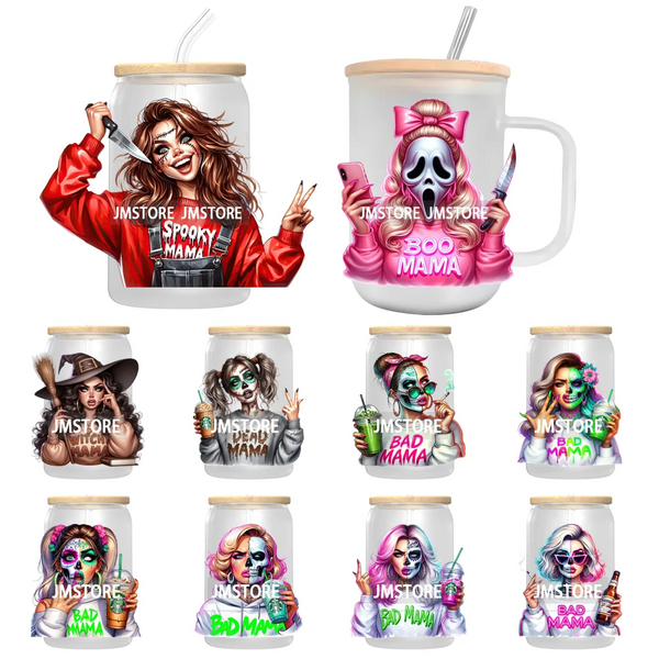 Watercolor Horror Boo Mama Sugar Skull UV DTF Transfer Stickers Decals Ready To Apply Waterproof For 16OZ Libbey Glass Can Cup
