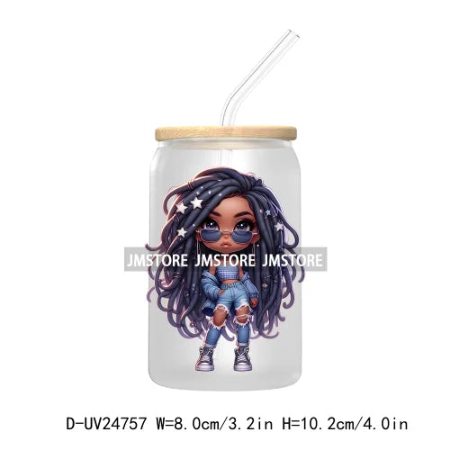 Black Chibi Girl UV DTF Transfers Stickers Decals For Libbey Cold Cups Mugs Tumbler Waterproof DIY Craft Beautiful Afro Woman