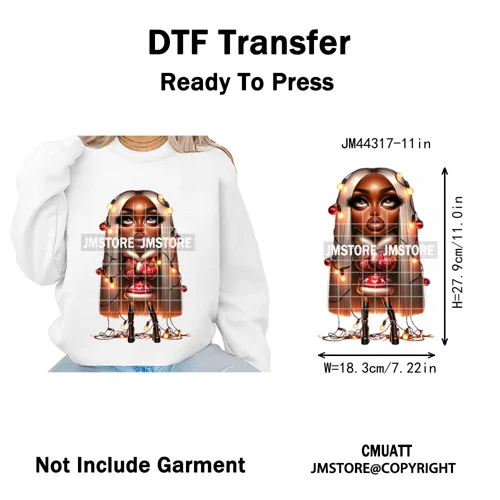 Sassy Black Girl Santa Christmas Bright Gingerbread Iron on Washable DTF Heat Transfers Stickers Ready to Press for Sweatshirts