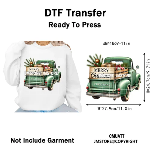 Christmas Pickup Truck Car Winter Tree Snowy Holiday Decoration Iron on DTF Heat Transfers Stickers Ready to Press for Clothing