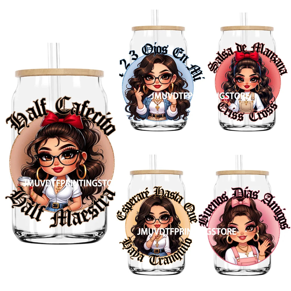 Chicana Teacher Chibi Latina Maestra UV DTF Transfers Stickers Decals For Libbey Cold Cups Mugs Tumbler Waterproof DIY Craft