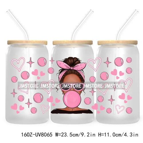 Woman With Bubble Gum Pink UV DTF Sticker For 16OZ Libbey Glass Cup Can Wrap Transfer Stickers Custom Labels DIY Logo Messy Bun