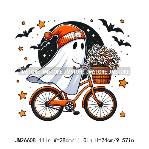 Spooky Cute Bougie Ride Floral Ghost Pumpkin Coffee Halloween Designs DTF Iron On Transfer Stickers Ready To Press For Clothes