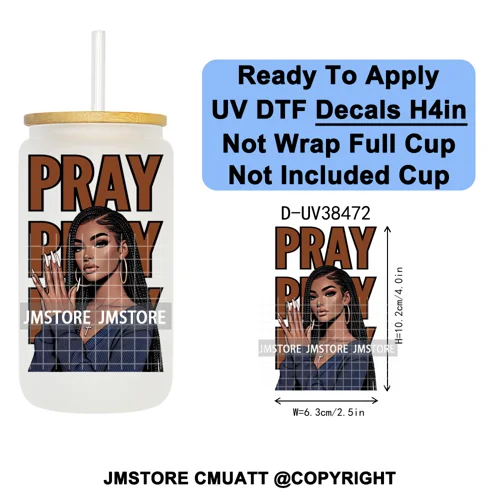 Black Girl Praying Faith Religious Women UV DTF Transfer Stickers Decals Ready To Apply Waterproof For 16OZ Libbey Glass Can Cup