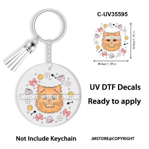 Floral Cat Lover The Best Mama Ever UV DTF Decal Round Keychain Ready To Apply WaterProof Transfer Stickers For Circle Keychain