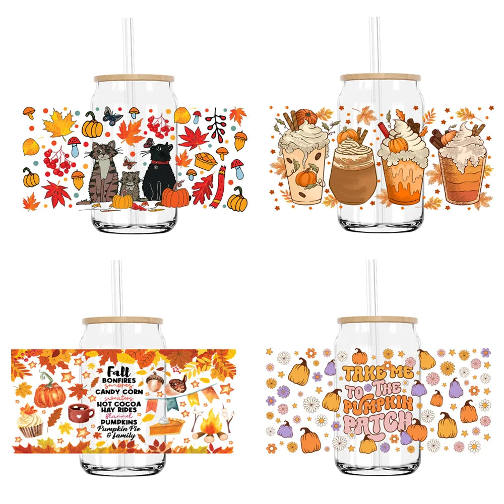 Fall Season Autumn Pumpkin 16OZ UV DTF Cup Wrap Transfers Stickers DIY Durable Waterproof Logo For Libbey Glass Can