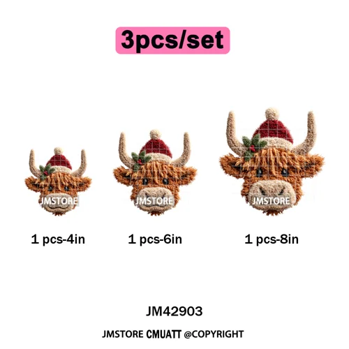 Preppy Faux Yarn Santa Tree Reindeer Cow Christmas Season Iron on DTF Washable Transfers Stickers Ready to Press for Clothing