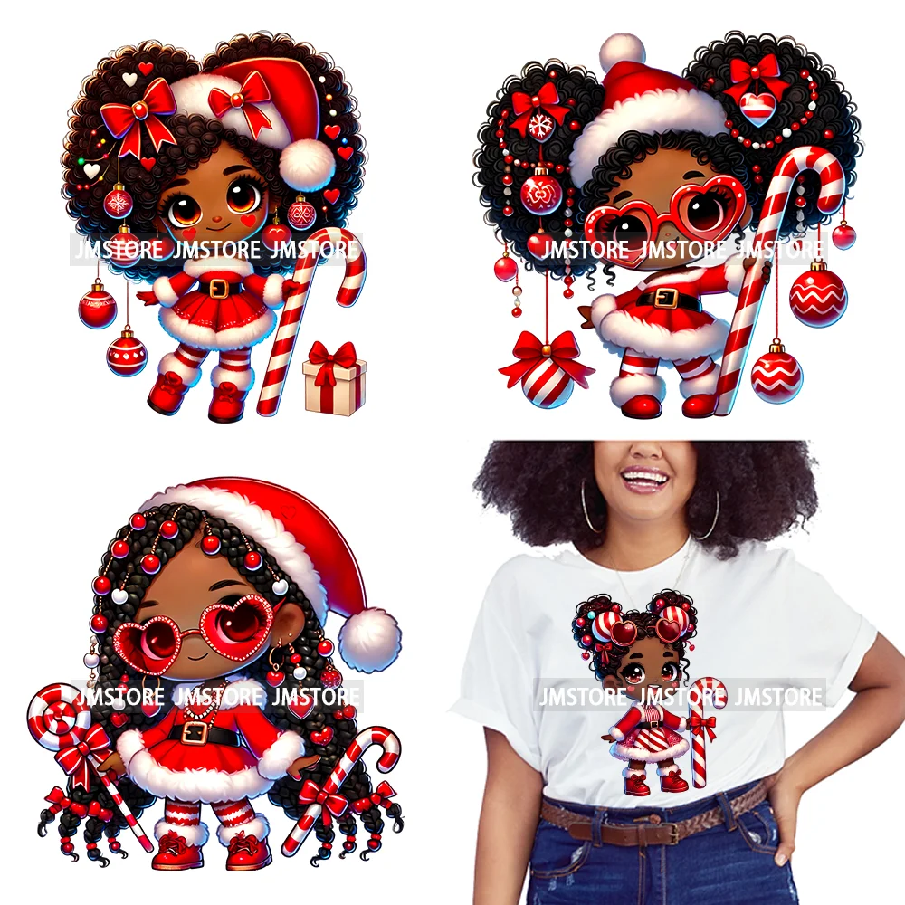 Cute Santa Hat Baby Afro Girls Coquette Bow Christmas Festive Holiday Iron On DTF Transfer Stickers Ready To Press For Clothing