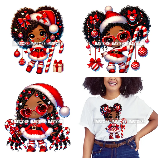 Cute Santa Hat Baby Afro Girls Coquette Bow Christmas Festive Holiday Iron On DTF Transfer Stickers Ready To Press For Clothing