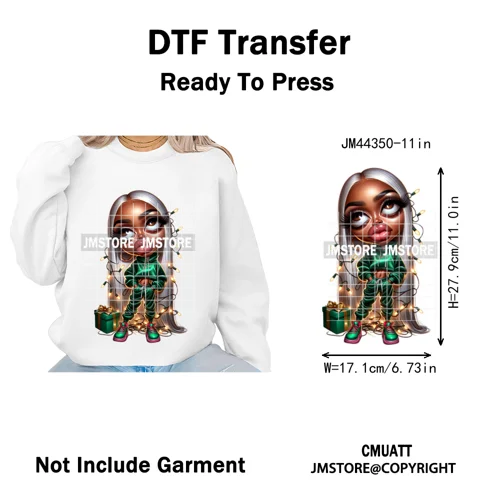 Cool African Melanin Girls Christmas Season Holiday Moody Iron on Washable DTF Heat Transfer Stickers Ready to Press for Hoodies