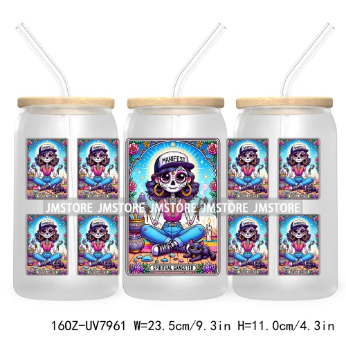 Funny Tarot Card UV DTF Sticker For 16OZ Libbey Glass Cup Can Wrap Transfer Sticker Custom Label DIY Logo Mexican Skeleton Skull