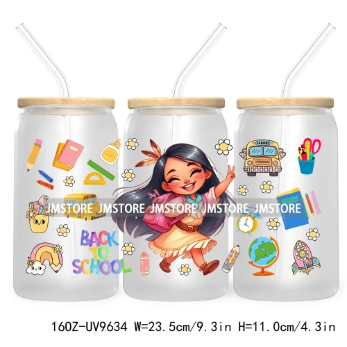 Back To School Cartoon Princess 16OZ UV Cup Wrap DTF Transfer Sticker For Libbey Glass Can Cups Tumbler Waterproof Label Teacher