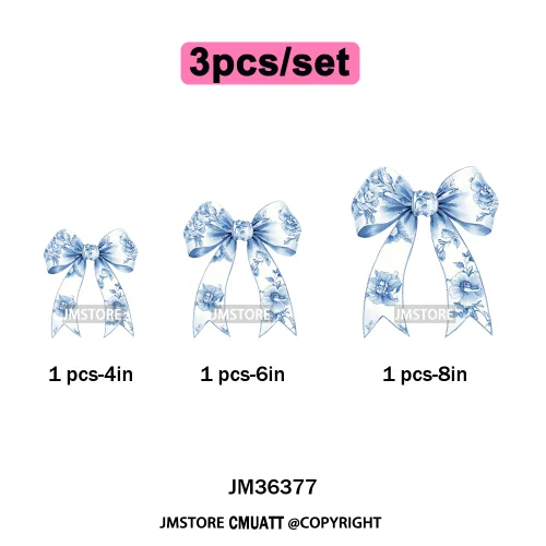 Blue And White Toile Chinoiserie Floral Coquette Bow Thermal Decals Iron on DTF Transfers Stickers Ready to Press for Clothing