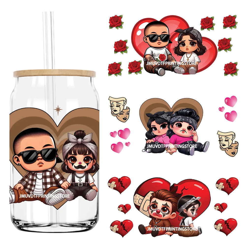 Chicano Forever Cholo Couple Valentine UV DTF Sticker For 16OZ Libbey Glass Cup Can Wrap Transfer Sticker Custom Labels DIY Logo