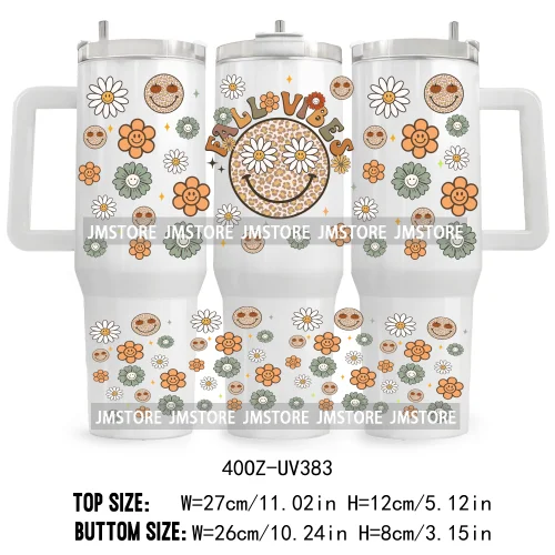 Fall Vibes Vintage Flowers UV DTF Tumbler Wrap Transfer Stickers Feral Girl Autumns Pumpkins 40OZ Wraps Waterproof Custom Labels