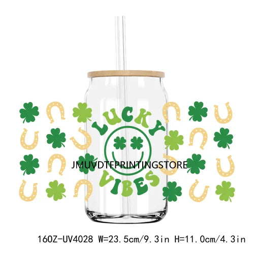 Lucky Blessed 16OZ UV DTF Cup Wrap Transfers Stickers Shamrock Four Leaf Custom Labels DIY Waterproof Logo For Libbey Glass Can