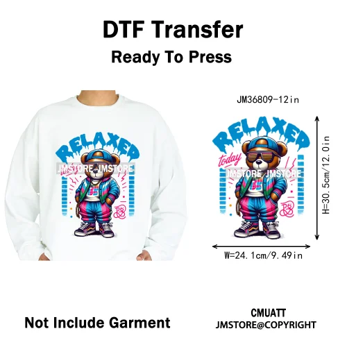 12in Cartoon Gangster Hip Hop Streetwear Teddy Bear Lover Designs Iron on DTF Heat Transfers Stickers Ready to Press for Hoodies