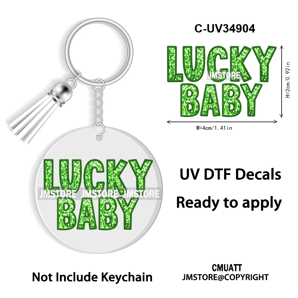 Sparkly Faux Sequin St Patricks Day Coquette Glitter Lucky Charm WaterProof UV DTF Sticker For Round Circle Keychain Keyring