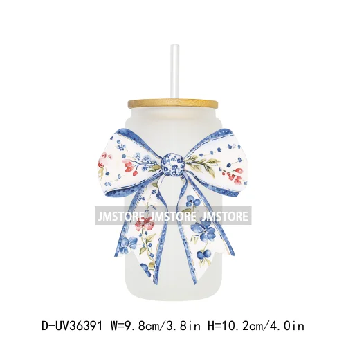 Blue Chinoiserie Coquette Bow UV Sticker Decals For Libbey Cold Cups Mug Tumbler Transfer Stickers Waterproof Top Quality Prints