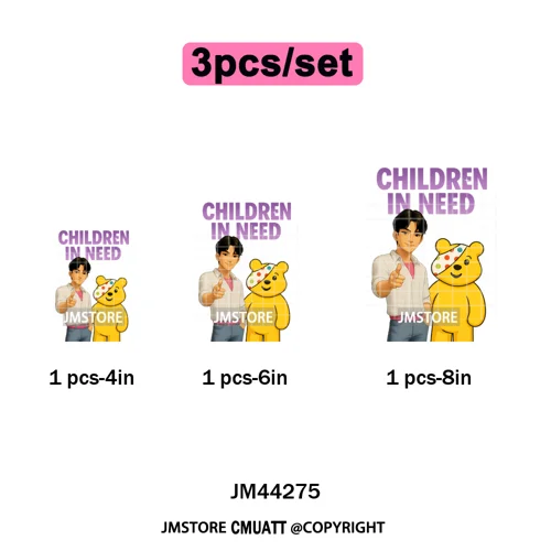 Cute Cartoon Bear Children in Need Charity Raising Kids Iron on Washable DTF Heat Transfers Stickers Ready to Press for Textiles