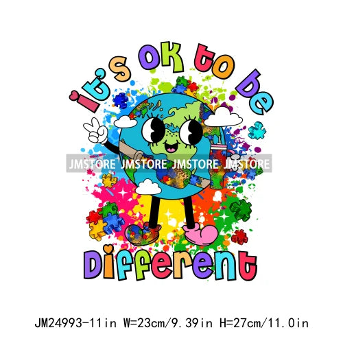 Colorful Autism Awareness Printing It's Okay To Be Different Iron On Heat Press DTF Transfer Stickers Ready To Press For Clothes