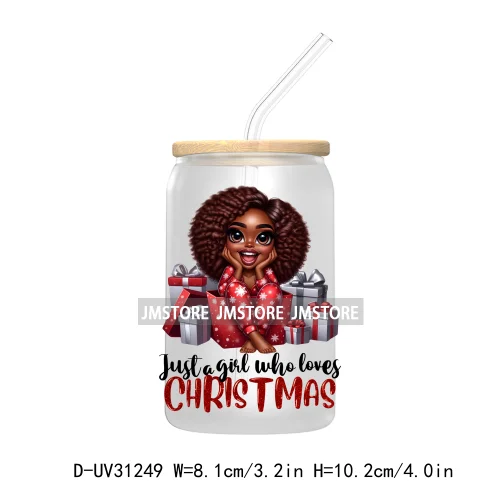 Afro Woman Nails Hip Pop Santa UV DTF Transfer Stickers Decals For Libbey Cold Cups Mugs Tumbler Just A Girl Who Loves Christmas