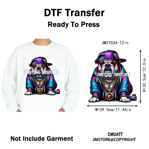 12in Streetwear Vibes Rich Cool Cartoon Bulldog King Designs Washable Iron on DTF Transfers Stickers Ready to Press for Clothes