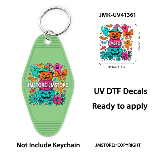 Faux Glitter Halloween Ghost Pumpkin Season UV DTF Motel Keychain Decal Ready To Ship Transfer Stickers Print For Hotel Keychain