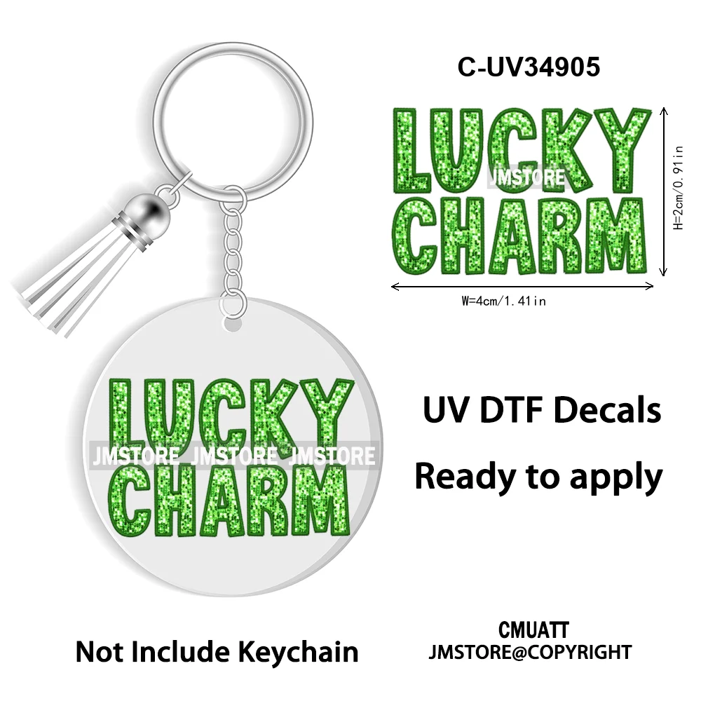 Sparkly Faux Sequin St Patricks Day Coquette Glitter Lucky Charm WaterProof UV DTF Sticker For Round Circle Keychain Keyring