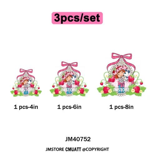 Sweet Strawberry Friends 80s Girl Cartoon Pink Coquette Bows Iron on DTF Washable Transfers Stickers Ready to Press for Clothing