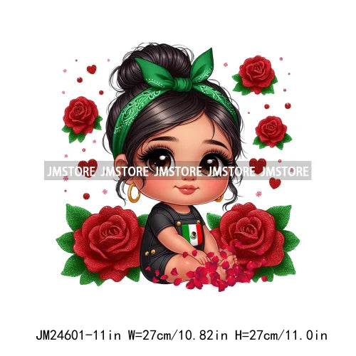 Cute Chibi Mexican Girl Designs Hispanic Red Rose Green Coquette Bow Latina Princess Iron On DTF Transfers Stickers For T-shirts