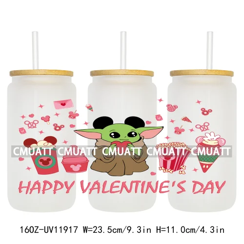 Cartoon Pink Sweet Happy Valentine‘s Day Kids Love Characters UV DTF Stickers Cup Wraps Logos For 16OZ Libbey Glass Can