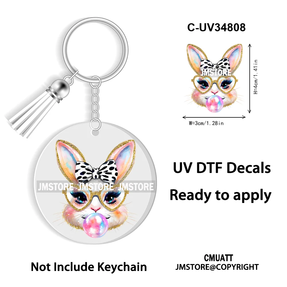 Faux Sequin Glitter Happy Easter Bow Retro Easter Bunny Blowing Bubble UV DTF Stickers for Round Circle Acrylic Keychain Keyring