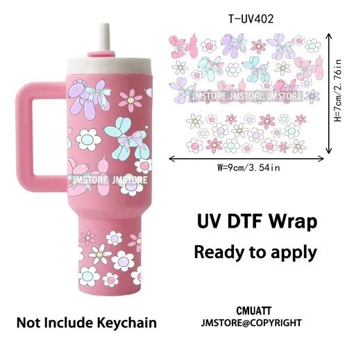 Pink Coquette Bow Goose Daisy Flower UV DTF Mini Tumbler Keychain Wraps Ready To Apply Transfer Stickers Prints Waterproof Decal