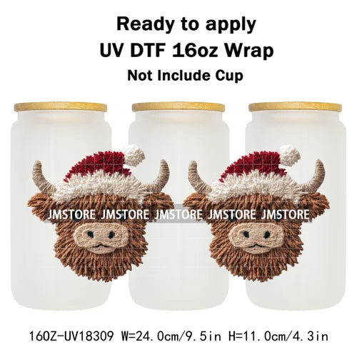 Faux Crochet Yarn Christmas Highland Cow 16OZ UV DTF Cup Wraps Ready To Apply Waterproof Transfer Stickers For Libbey Glass Can