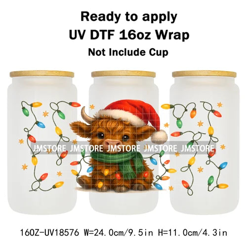 Howdy Christmas Western Highland Cow 16OZ UV DTF Cup Wraps Ready To Apply Waterproof Transfer Stickers For Libbey Glass Can
