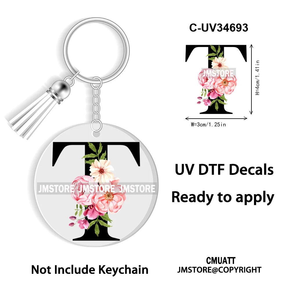 Floral Whole Entire Alphabet Flowers Black Letters Monogram WaterProof UV DTF Stickers For Round Circle Acrylic Keychain Keyring