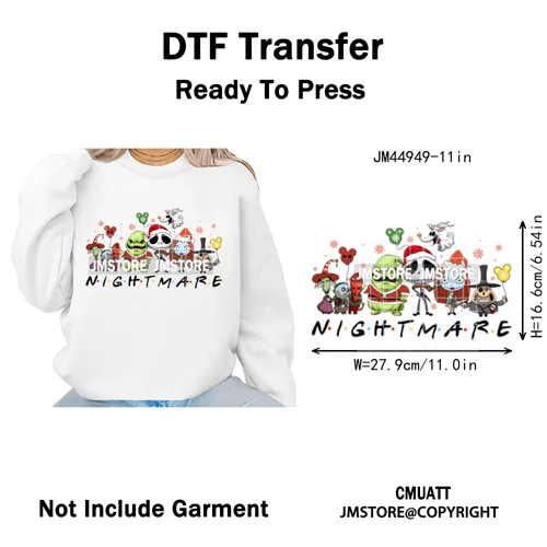 New Nightmare Horror Christmas Movie Characters Lover Iron on Washable DTF Heat Transfers Stickers Ready to Press for Clothes